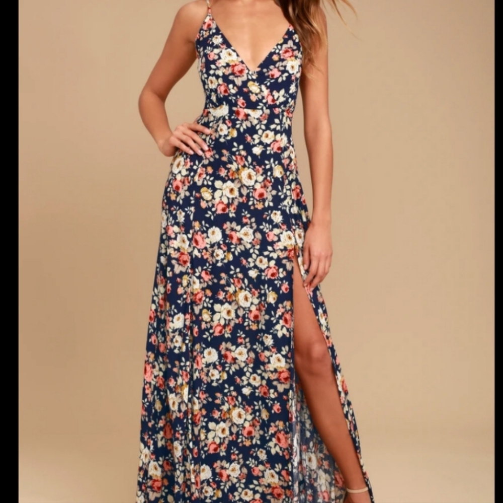 Lulus NWT Navy Everlasting Bliss Floral Print Maxi Dress